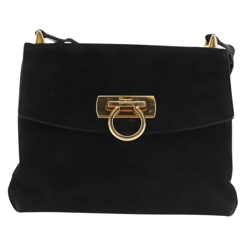 Salvatore Ferragamo Suede Gancini Shoulder Bag Black